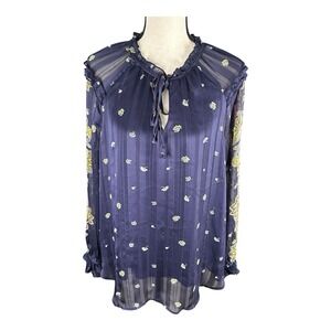 FIG AND FLOWERS NAVY‎ BLUE WITH FLOWERS LONG SLEEVE LINED BLOUSE SIZE XL